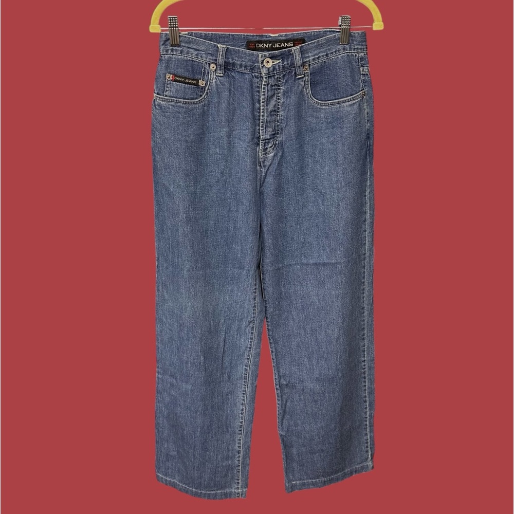 DKNY women size 8 wide leg cropped jeans button fly vintage medium wash denim